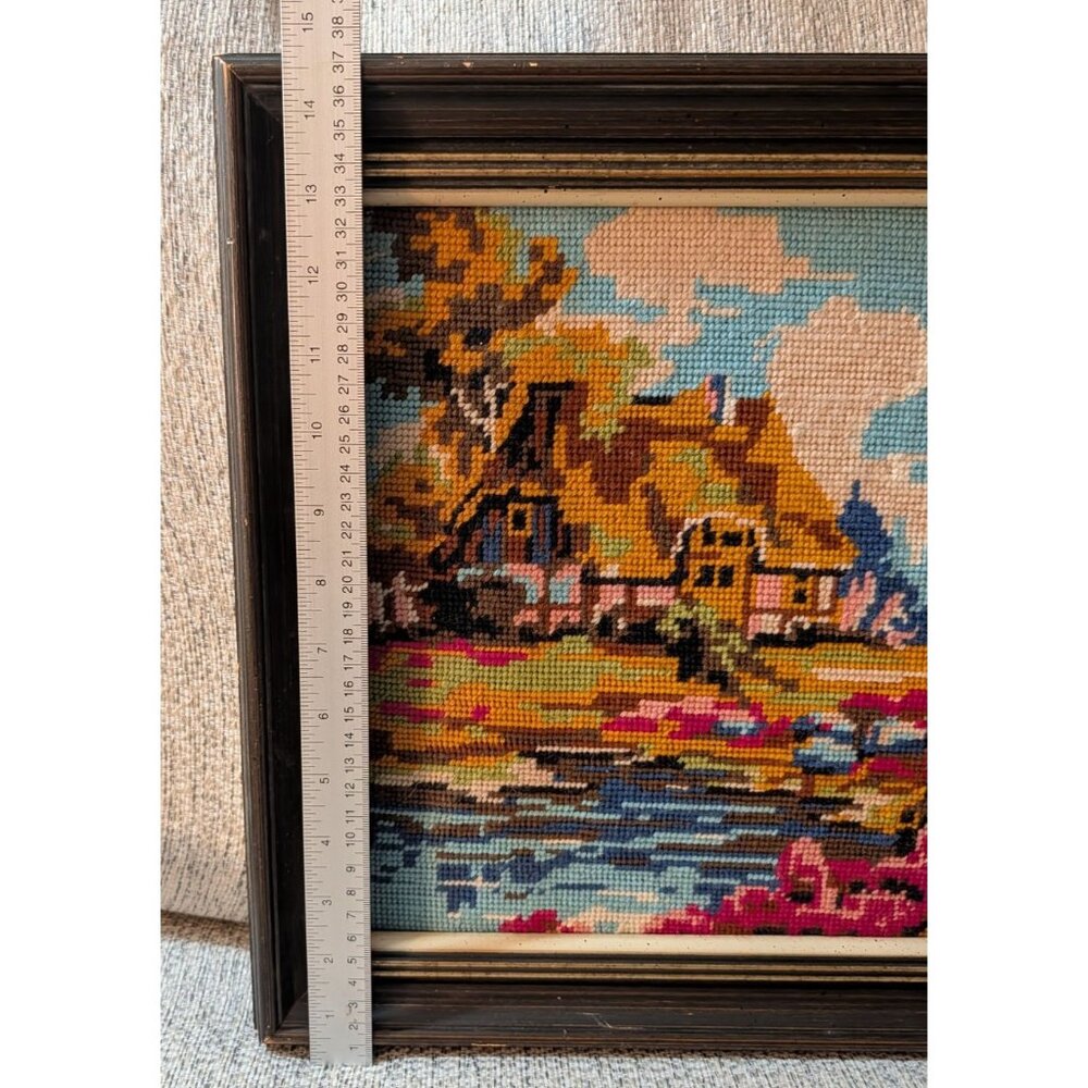 Vintage Needlepoint Tapestry Framed Scenic Landscape Art Piece 14.5x18.5 Inches - Picture 10 of 16